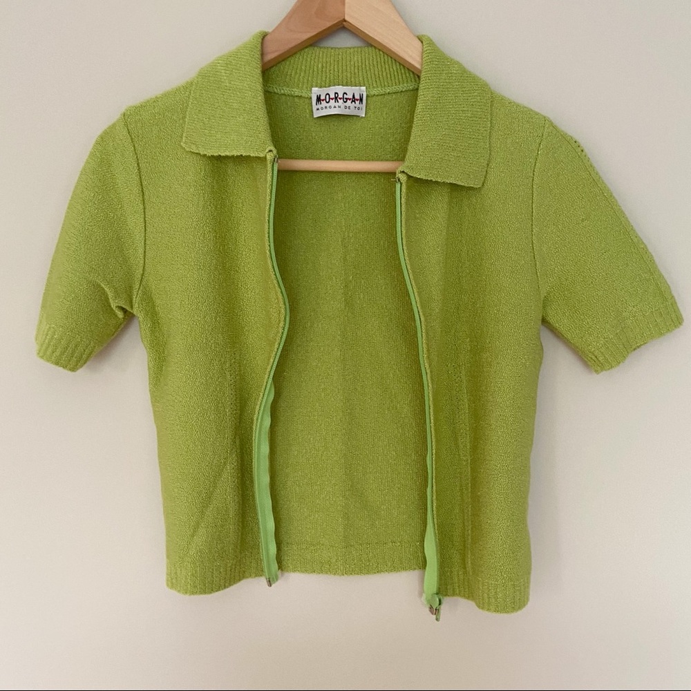 Crop Cardigan Jacket Green Zip Short Sleeve Small